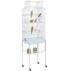 64" Rolling Bird Cage with Rolling Black Stand and Perch (Color: White)