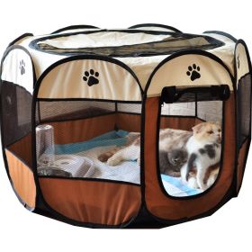 Folding Dog House Octagonal Cage Pet Cage Portable Pet Tent Large Dogs House (Color: Brown, size: M 91x91x58 cm)